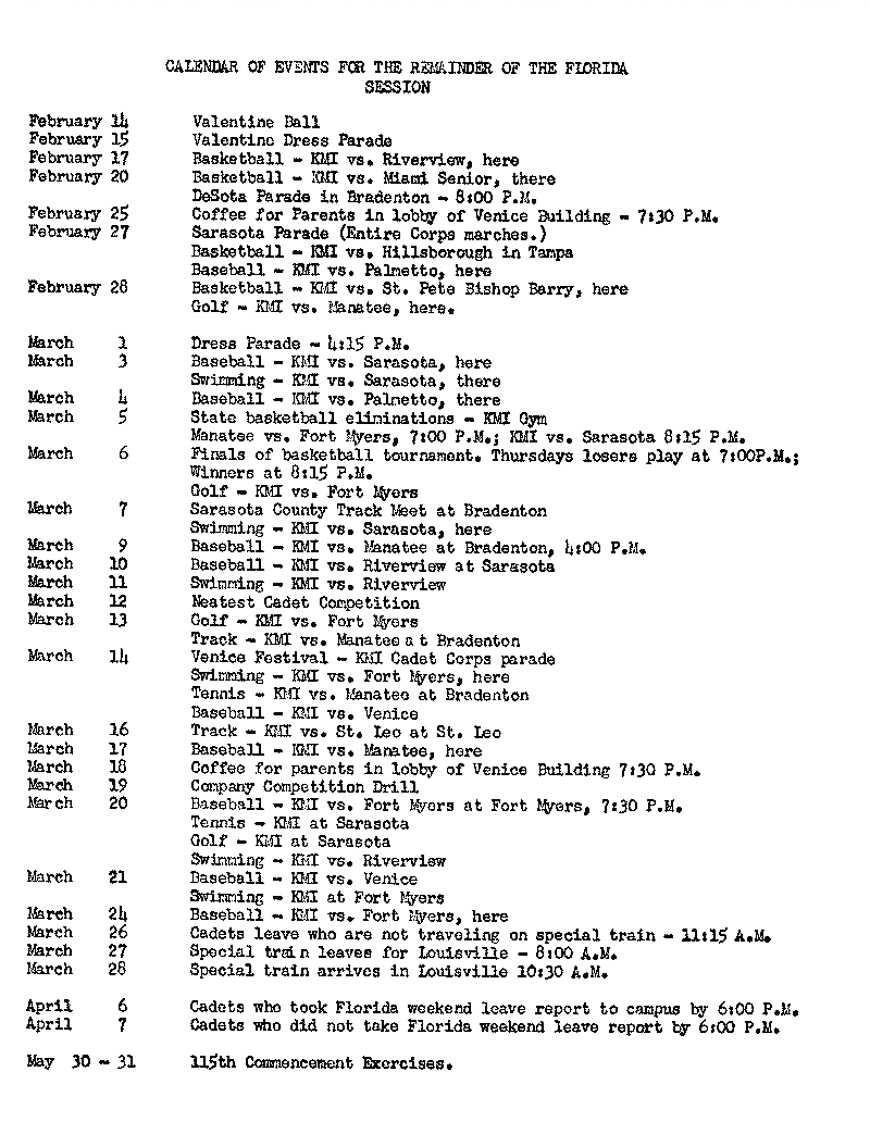 Calendar of Events Feb May 1959
